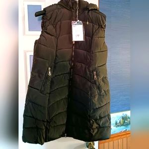 Long black hooded puffer vest